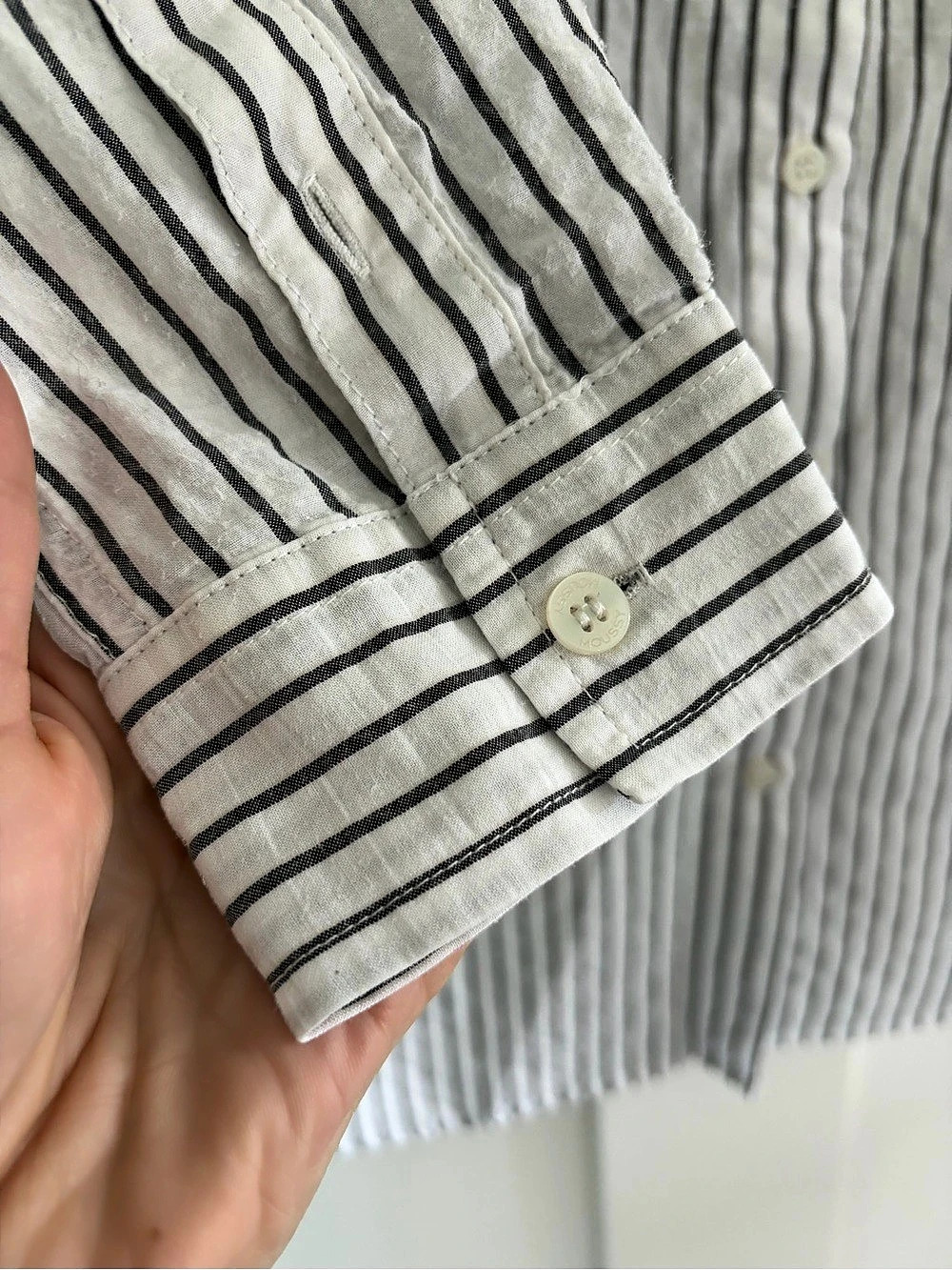 MOUSSY Striped Collarless Button-Up Shirt | White Grey Pinstripe Long Sleeve - Picture 6 of 8